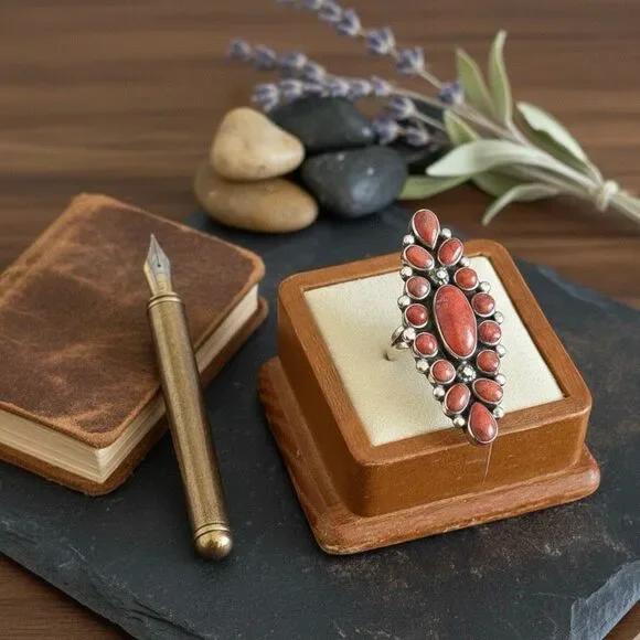 Red Coral Sterling Silver Cluster Statement Ring Large Bohemian Cocktail Ring - Picture 4 of 6